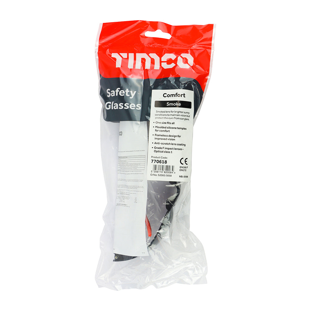 This is an image of Timco - Comfort Safety Glasses - Smoke One Size (1 Each Bag) 770618