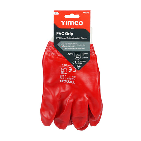 This is an image of Timco - PVC Gloves - PVC Coated Cotton Interlock X Large (1 Pairs Backing Card) 770690