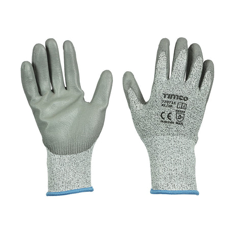 This is an image of Timco - Medium Cut Gloves - PU Coated HPPE Fibre with Glass Fibre X Large (1 Pairs Backing Card) 770715