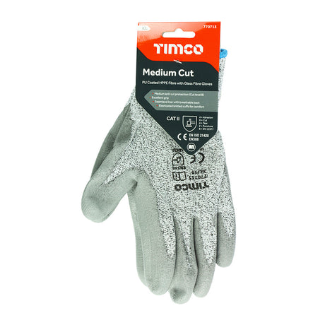 This is an image of Timco - Medium Cut Gloves - PU Coated HPPE Fibre with Glass Fibre X Large (1 Pairs Backing Card) 770715