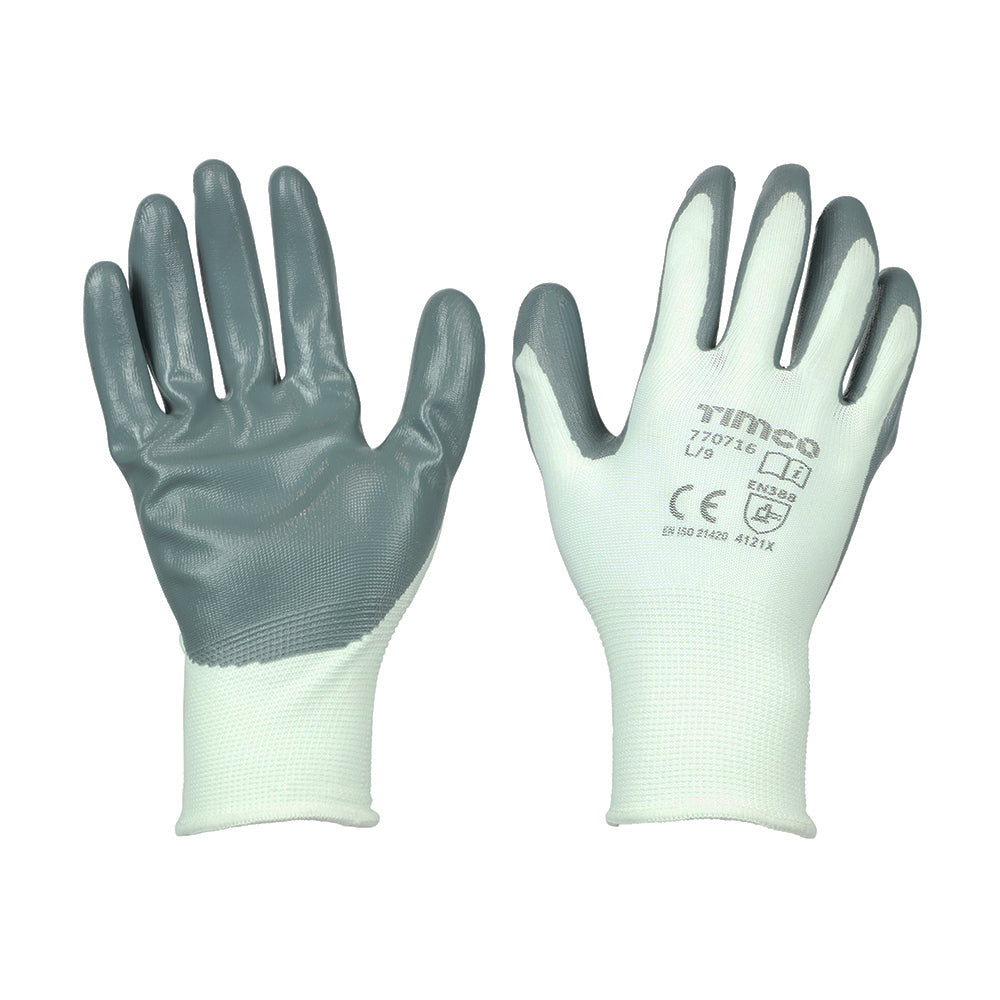 This is an image of Timco - Secure Grip Gloves - Smooth Nitrile Foam Coated Polyester Large (1 Pairs Backing Card) 770716