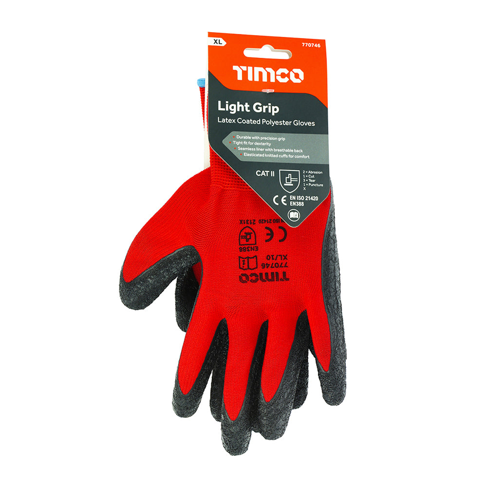 This is an image of Timco - Light Grip Gloves - Crinkle Latex Coated Polyester X Large (1 Pairs Backing Card) 770746