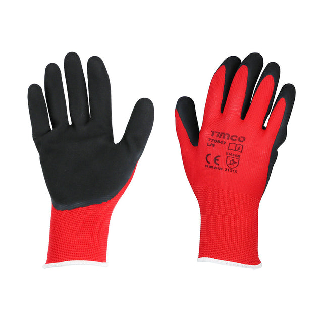 This is an image of Timco - Toughlight Grip Gloves - Sandy Latex Coated Polyester Large (1 Pairs Backing Card) 770847