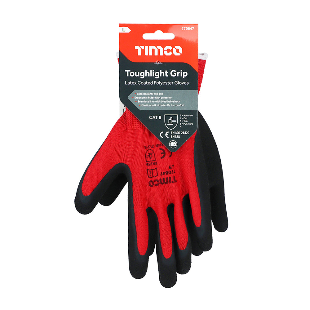 This is an image of Timco - Toughlight Grip Gloves - Sandy Latex Coated Polyester Large (1 Pairs Backing Card) 770847