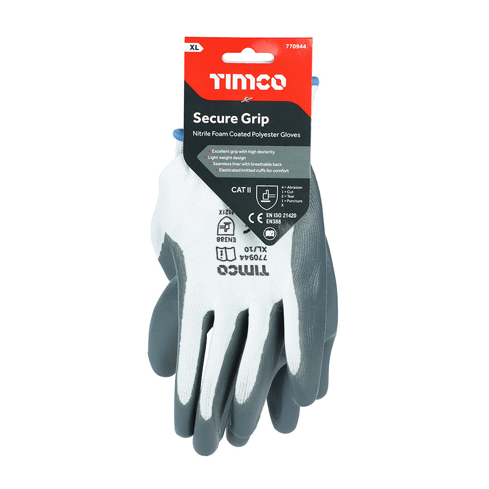 This is an image of Timco - Secure Grip Gloves - Smooth Nitrile Foam Coated Polyester X Large (1 Pairs Backing Card) 770944
