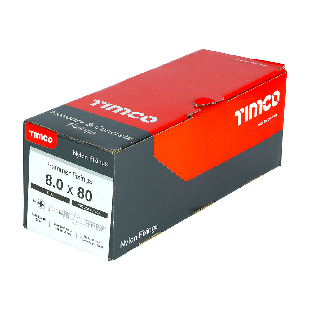 This is an image of Timco - Nylon Hammer Fixing - PZ - Zinc 8.0 x 80mm - (100 PCS Box) 80080HF