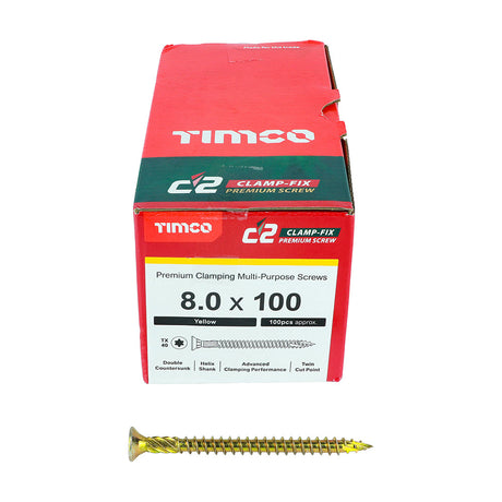 This is an image of Timco - C2 Clamp-Fix Screws - TX - Double Countersunk with Ribs - Twin-Cut - Yellow 8.0 x 100mm - (100 PCS Box) 80100C2C