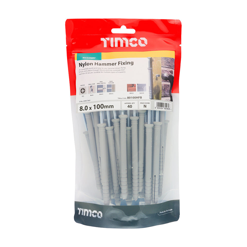This is an image of Timco - Nylon Hammer Fixings - PZ - Zinc 8.0 x 100mm - (40 PCS TIMbag) 80100HFB