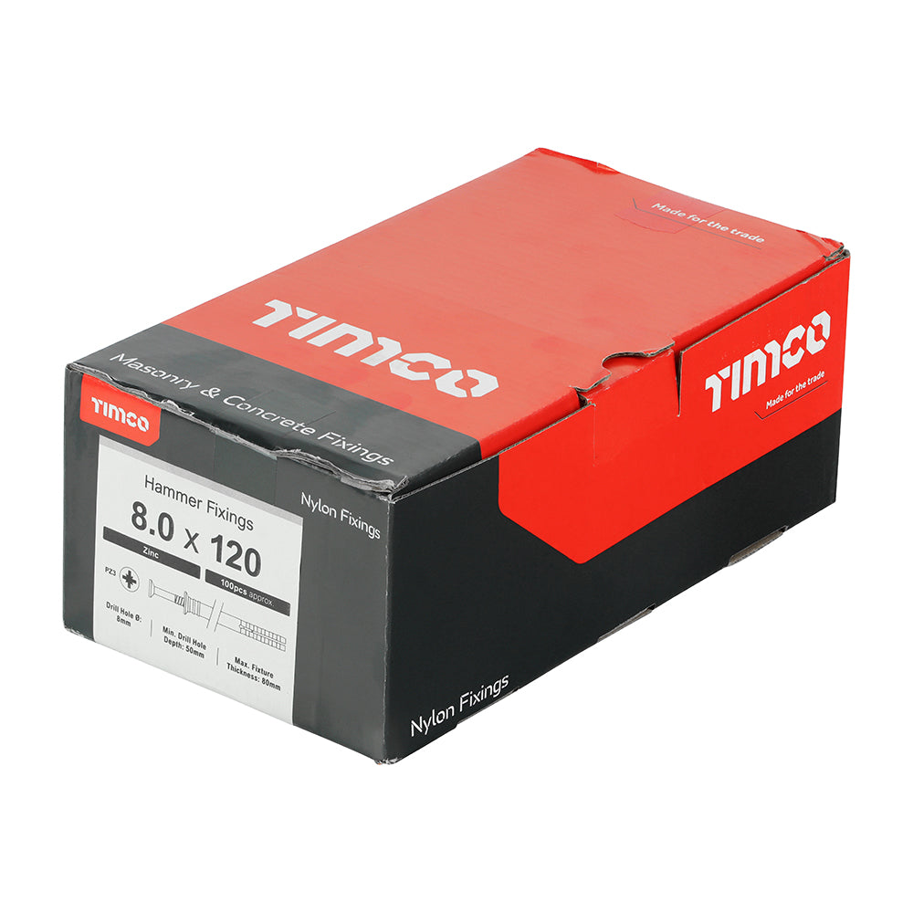 This is an image of Timco - Nylon Hammer Fixing - PZ - Zinc 8.0 x 120mm - (100 PCS Box) 80120HF