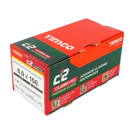 This is an image of Timco - C2 Clamp-Fix Screws - TX - Double Countersunk with Ribs - Twin-Cut - Yellow 8.0 x 150mm - (50 PCS Box) 80150C2C