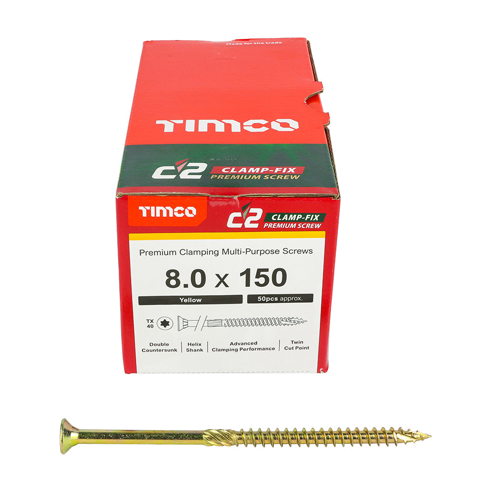 This is an image of Timco - C2 Clamp-Fix Screws - TX - Double Countersunk with Ribs - Twin-Cut - Yellow 8.0 x 150mm - (50 PCS Box) 80150C2C