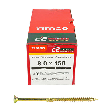 This is an image of Timco - C2 Clamp-Fix Screws - TX - Double Countersunk with Ribs - Twin-Cut - Yellow 8.0 x 150mm - (50 PCS Box) 80150C2C