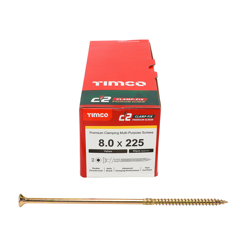 This is an image of Timco - C2 Clamp-Fix Screws - TX - Double Countersunk with Ribs - Twin-Cut - Yellow 8.0 x 225mm - (50 PCS Box) 80225C2C