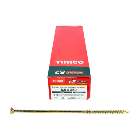 This is an image of Timco - C2 Clamp-Fix Screws - TX - Double Countersunk with Ribs - Twin-Cut - Yellow 8.0 x 250mm - (50 PCS Box) 80250C2C