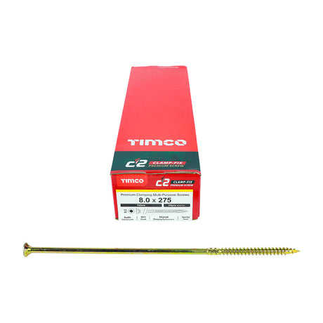 This is an image of Timco - C2 Clamp-Fix Screws - TX - Double Countersunk with Ribs - Twin-Cut - Yellow 8.0 x 275mm - (25 PCS Box) 80275C2C