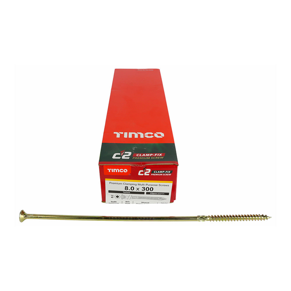 This is an image of Timco - C2 Clamp-Fix Screws - TX - Double Countersunk with Ribs - Twin-Cut - Yellow 8.0 x 300mm - (25 PCS Box) 80300C2C