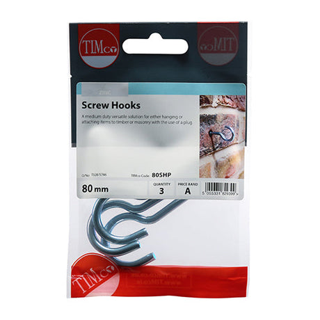 This is an image of Timco - Screw Hooks - Zinc 80mm (3 Pieces TIMpac) 80SHP