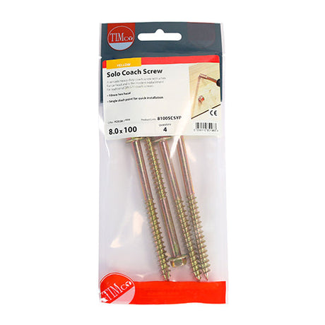 This is an image of Timco - Solo Coach Screws - Hex Flange - Yellow 8.0 x 100mm - (4 PCS TIMpac) 8100SCSYP