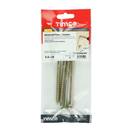 This is an image of Timco - Solo Coach Screws - Hex Flange - Yellow 8.0 x 120mm - (4 PCS TIMpac) 8120SCSYP
