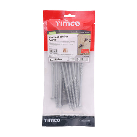 This is an image of Timco - Heavy Duty Timber Screws - Hex - Exterior - Silver 8.0 x 150mm - (10 PCS TIMbag) 8150INI