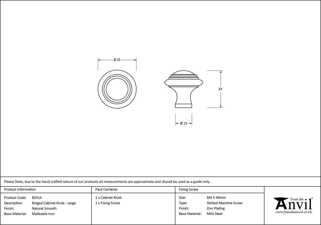 From The Anvil - Natural Smooth Ringed Cabinet Knob - Large | Sku. 83514 | Trade Door Handles.
