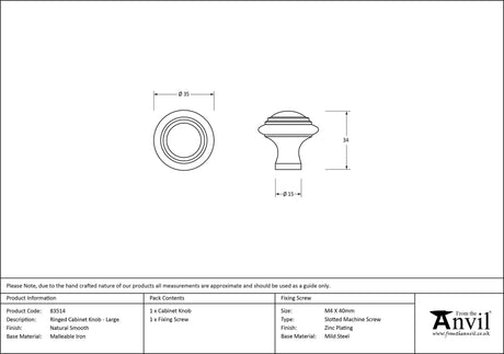 From The Anvil - Natural Smooth Ringed Cabinet Knob - Large | Sku. 83514 | Trade Door Handles.