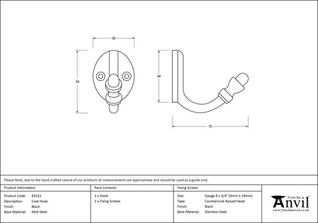 From The Anvil - Black Coat Hook | Sku. 83522 | Trade Door Handles.