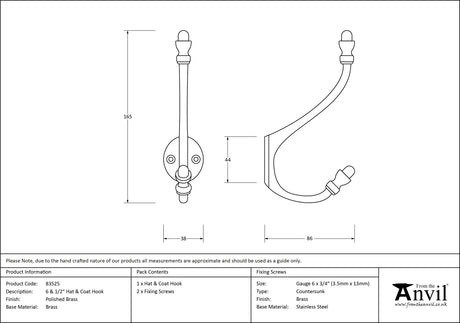 From The Anvil - Polished Brass 6 1/2" Hat & Coat Hook | Sku. 83525 | Trade Door Handles.