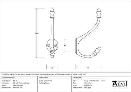 From The Anvil - Natural Smooth 6 1/2" Hat & Coat Hook | Sku. 83543 | Trade Door Handles.