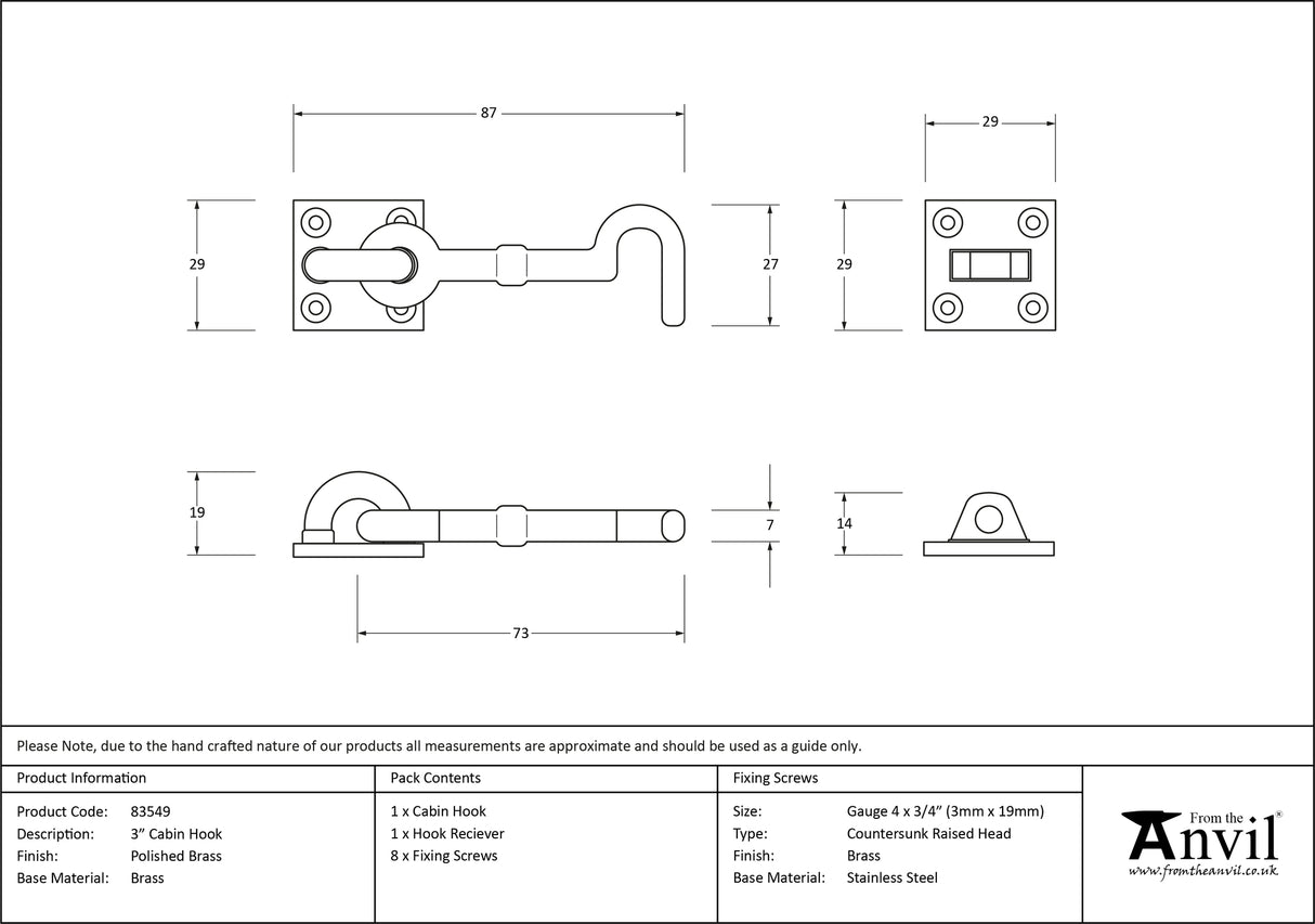 From The Anvil - Polished Brass 3" Cabin Hook | Sku. 83549 | Trade Door Handles.