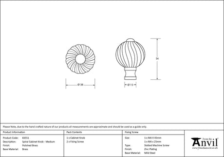 From The Anvil - Polished Brass Spiral Cabinet Knob - Medium | Sku. 83551 | Trade Door Handles.