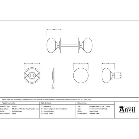 From The Anvil - Polished Brass Mushroom Mortice/Rim Knob Set | Sku. 83564 | Trade Door Handles.