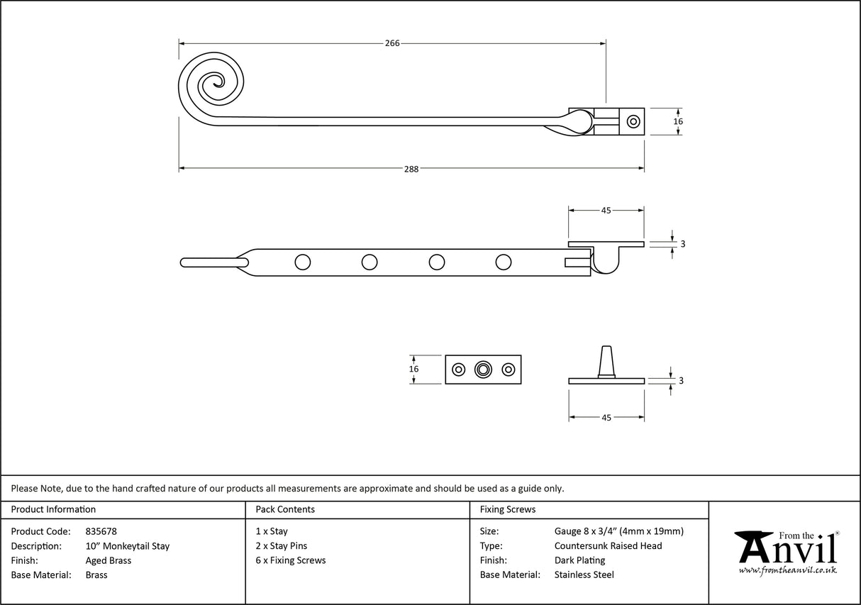 From The Anvil - Aged Brass 10" Monkeytail Stay | Sku. 83568 | Trade Door Handles.