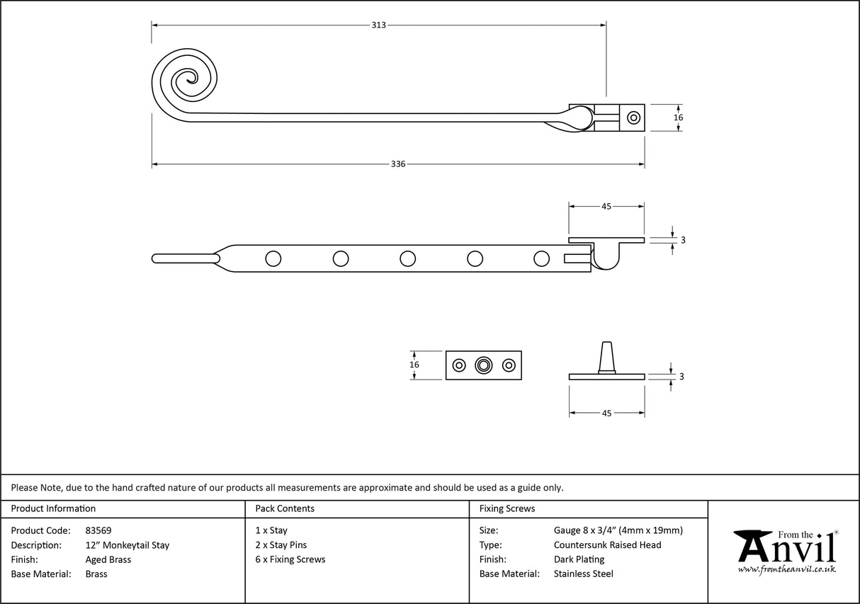 From The Anvil - Aged Brass 12" Monkeytail Stay | Sku. 83569 | Trade Door Handles.