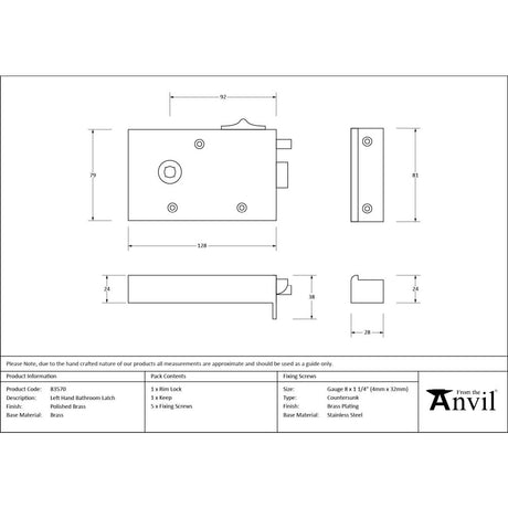 From The Anvil - Polished Brass Left Hand Bathroom Latch | Sku. 83570 | Trade Door Handles.