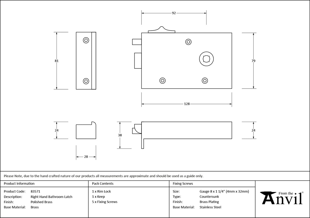 From The Anvil - Polished Brass Right Hand Bathroom Latch | Sku. 83571 | Trade Door Handles.