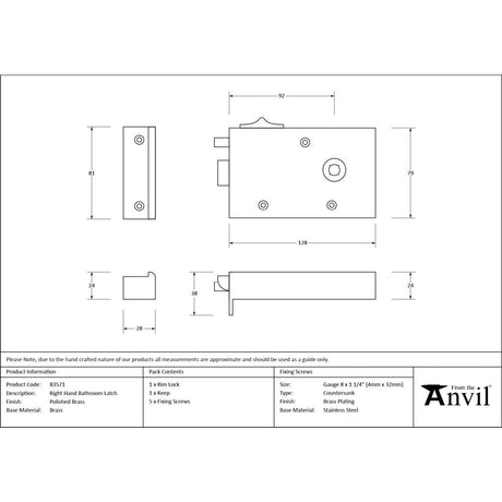 From The Anvil - Polished Brass Right Hand Bathroom Latch | Sku. 83571 | Trade Door Handles.