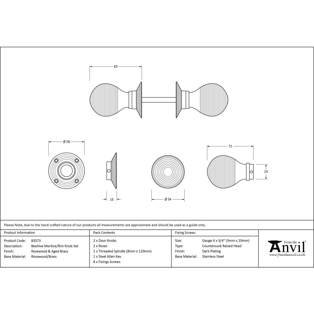 From The Anvil - Rosewood & Aged Brass Beehive Mortice/Rim Knob Set | Sku. 83573 | Trade Door Handles.