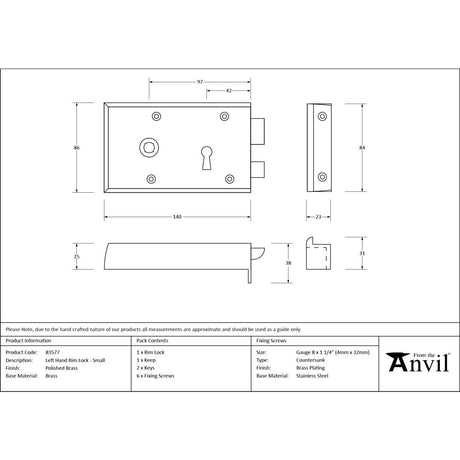 From The Anvil - Polished Brass Left Hand Rim Lock - Small | Sku. 83577 | Trade Door Handles.