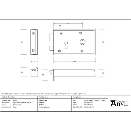 From The Anvil - Polished Brass Right Hand Rim Lock - Small | Sku. 83580 | Trade Door Handles.