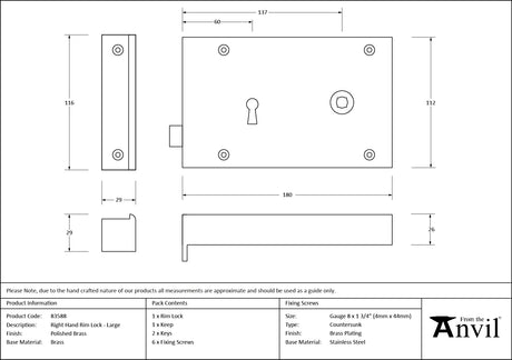 From The Anvil - Polished Brass Right Hand Rim Lock - Large | Sku. 83588 | Trade Door Handles.