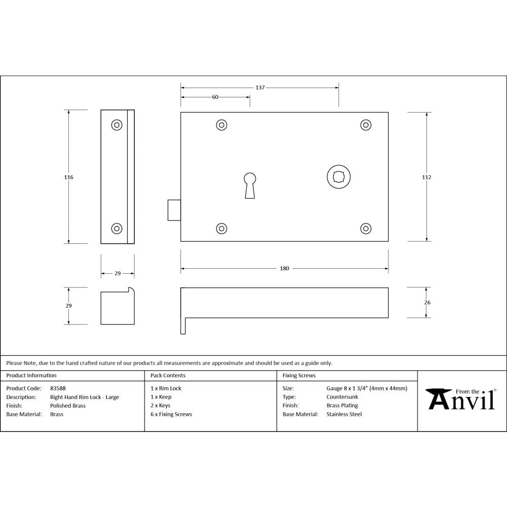 From The Anvil - Polished Brass Right Hand Rim Lock - Large | Sku. 83588 | Trade Door Handles.