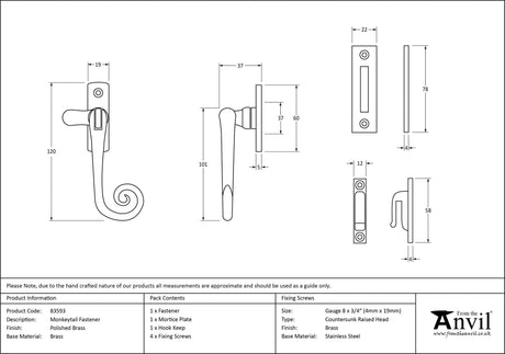 From The Anvil - Polished Brass Monkeytail Fastener | Sku. 83593 | Trade Door Handles.