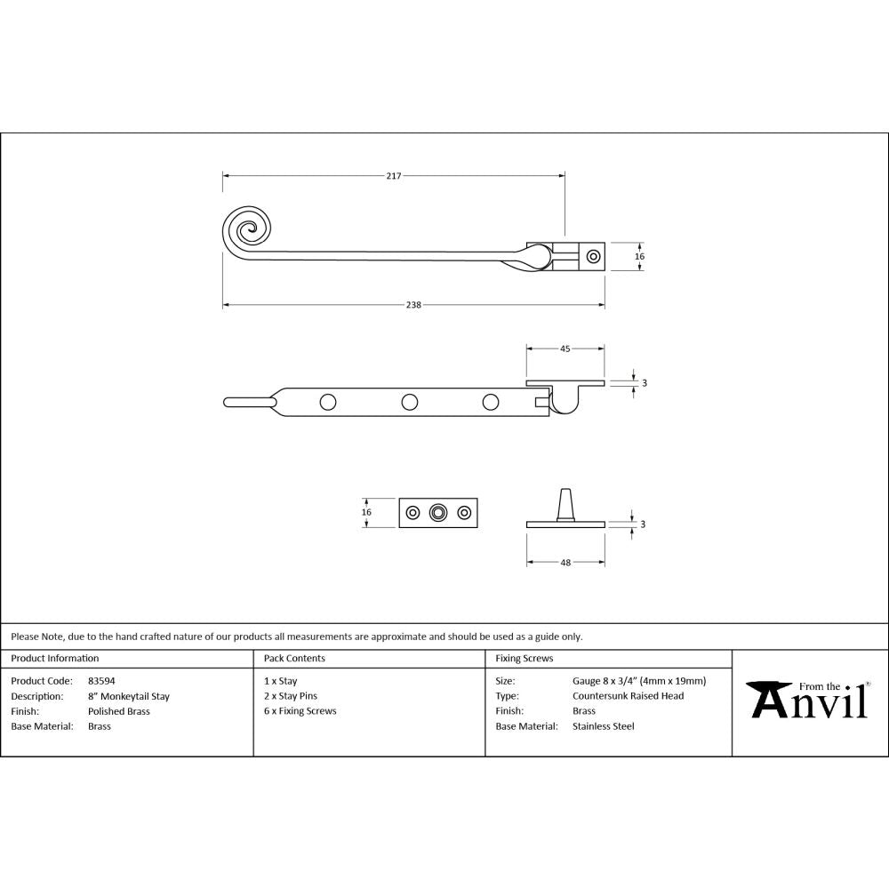 From The Anvil - Polished Brass 8" Monkeytail Stay | Sku. 83594 | Trade Door Handles.