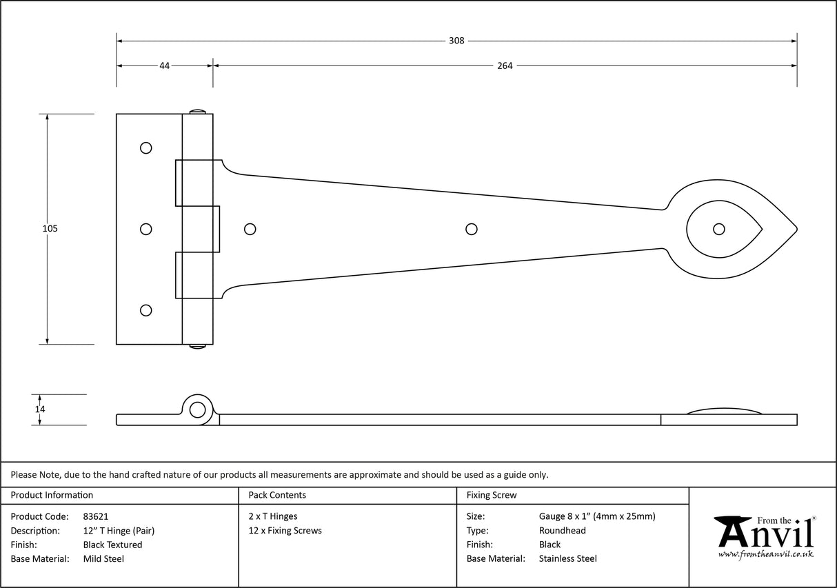 From The Anvil - Black Textured 12" Cast T Hinge (pair) | Sku. 83621 | Trade Door Handles.