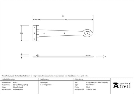 From The Anvil - Black Textured 16" Cast T Hinge (pair) | Sku. 83622 | Trade Door Handles.