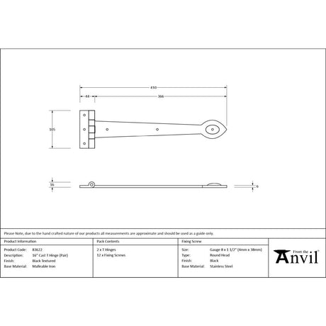 From The Anvil - Black Textured 16" Cast T Hinge (pair) | Sku. 83622 | Trade Door Handles.