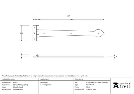 From The Anvil - Black Textured 18" Cast T Hinge (pair) | Sku. 83623 | Trade Door Handles.
