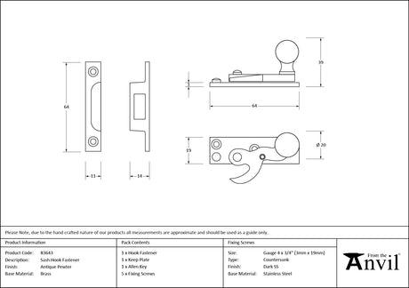 From The Anvil - Antique Pewter Sash Hook Fastener | Sku. 83643 | Trade Door Handles.