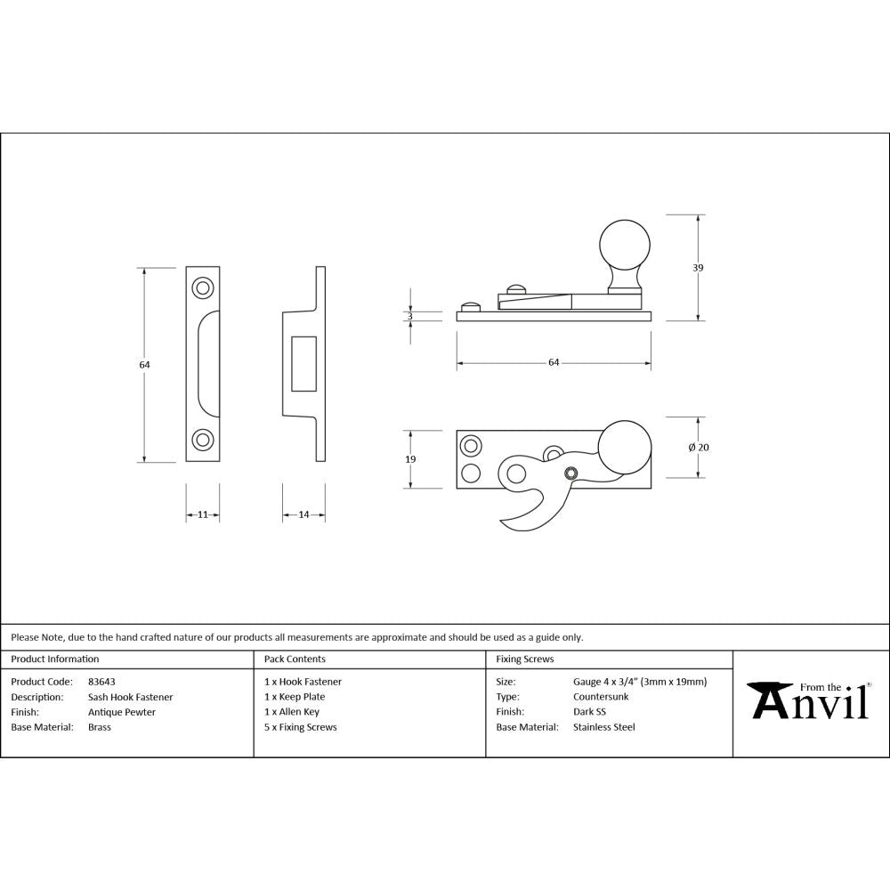 From The Anvil - Antique Pewter Sash Hook Fastener | Sku. 83643 | Trade Door Handles.